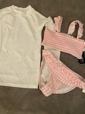 Ralph Lauren Pink Gingham Smocked Bandeau Bikini with White Rash Guard